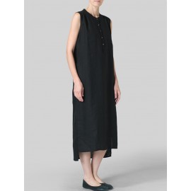 Women Sleeveless O-neck Button Side Split Long Shirt Dress