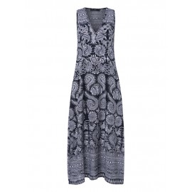 Women Print Sleeveless V-Neck Side Pockets Dress