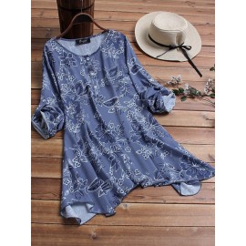 Women Floral Print Loose Irregular Hem Blouse