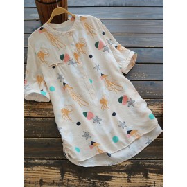 Women Print Button Down Crew Neck Short Sleeve Blouse