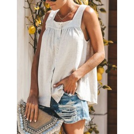 Women Solid Color Button Strap Tank Tops