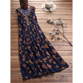 Women Print Folk Style V-Neck Sleeveless Dress