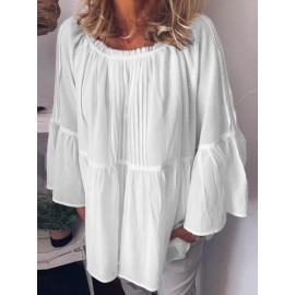 Pure Color Off Shoulder Flare Sleeve Casual Blouse