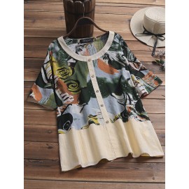 Plus Size M-5XL Floral Print Round Neck Short Sleeve Blouse