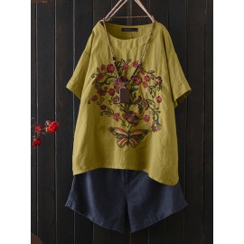 Women Floral Embroidered O-Neck Half Sleeve Blouse