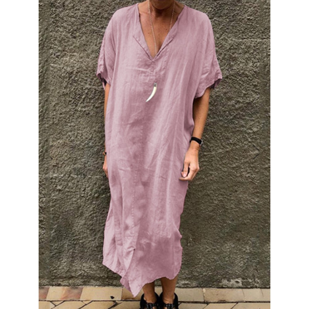 Women Solid Color V-neck Short Sleeve Split Baggy Kaftan Casual Dress