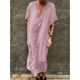 Women Solid Color V-neck Short Sleeve Split Baggy Kaftan Casual Dress