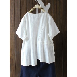 Women Short Sleeve O-neck High Low Hem Vintage Blouse