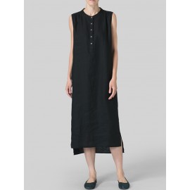 Women Sleeveless O-neck Button Side Split Long Shirt Dress