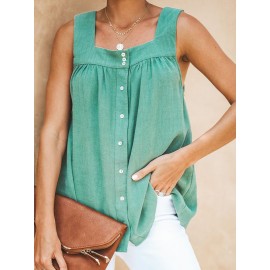 Women Solid Color Button Strap Tank Tops