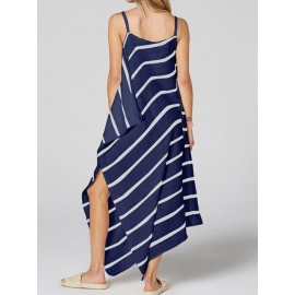 Women Casual Loose Striped Split Hem Strap Dress