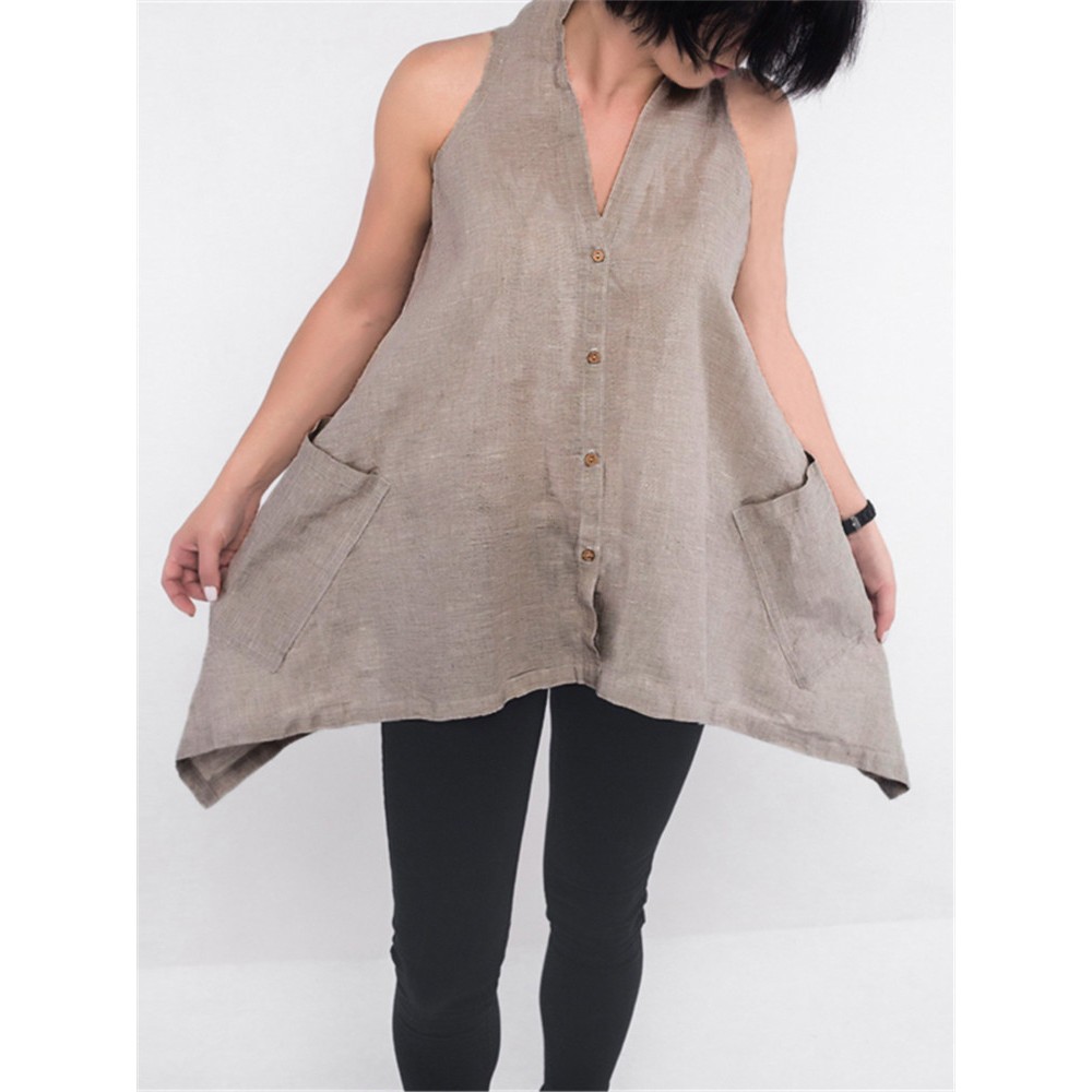 Women Sleeveless Button Down Solid Color Asymmetric Blouse