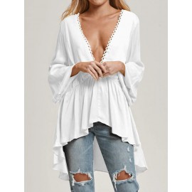 Women Long Sleeve V Neck Loose Casual Blouse Flared Tops