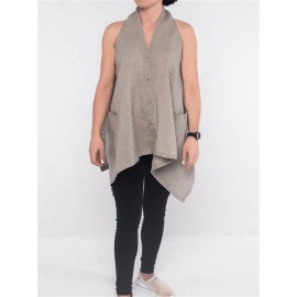 Women Sleeveless Button Down Solid Color Asymmetric Blouse