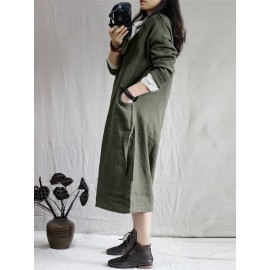 Women Pure Color Cotton Long Sleeve Side Pockets Dress