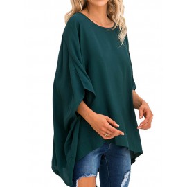 Women Round Neck High Low Hem Batwing Sleeve Blouse