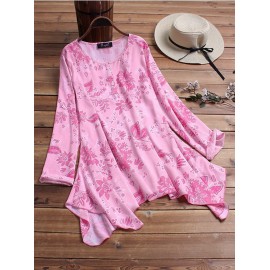 Women Floral Print Loose Irregular Hem Blouse