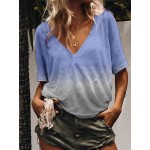 Women Casual Half Sleeve V Neck Gradient Shirts Tops