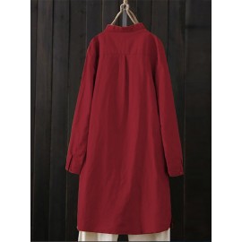 Women Solid Color Stand Collar Buttons Long Sleeve Blouse