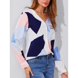 Women V-neck Geometric Print Long Sleeved Button Blouse