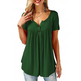 Women Round Neck Short Sleeve Button Up Casual Loose Tops