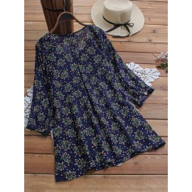 Women Folk Style Floral Print Crew Neck Blouse