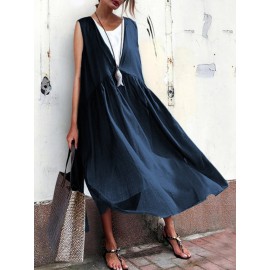 Women Casual Pure Color Cotton Loose Sleeveless Dress