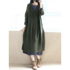 Women Pure Color Cotton Long Sleeve Side Pockets Dress