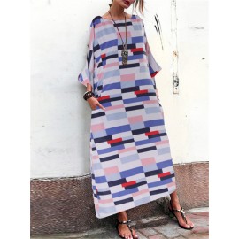 Women Loose Geometric Print Long Sleeve Side Pockets Dress