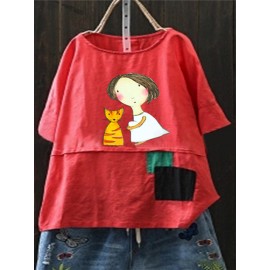 Women Short Sleeve Cartoon Print Patchwork T-shirts