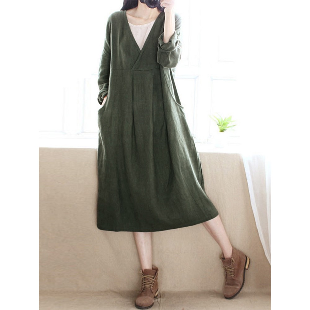 Women Pure Color Cotton Long Sleeve Side Pockets Dress