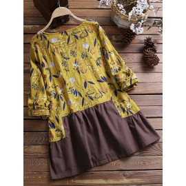 Women Floral Print Patchwork V-Neck Button Blouse