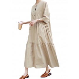 Women Casual Solid Color Loose Round Neck Half Sleeve Dress