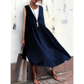 Women Casual Pure Color Cotton Loose Sleeveless Dress