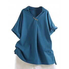 Solid Color V-Neck Turn-down Collar Button Wowen Blouse