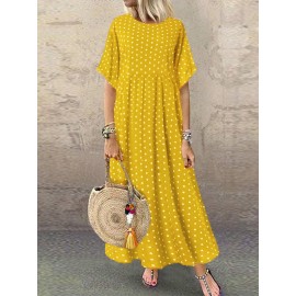 Women Polka Dot Print Short Sleeve O-neck Maxi Dress