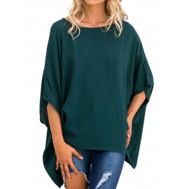 Women Round Neck High Low Hem Batwing Sleeve Blouse