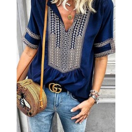 Women Retro Folk Style V-Neck Short Sleeve Blouse