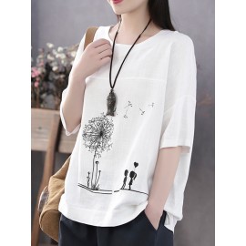 Casual Print Flower Short Sleeve Cotton T-Shirts