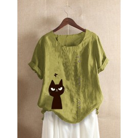 Women Short Sleeve Cat Print Crew Neck Button Casual T-shirts