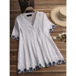 Women Casual Embroidered V-Neck Lace Short Sleeve Blouse