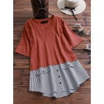 Women Plaid Patchwork Hem Short Sleeve Button Loose Blouse