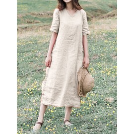 Women Casual Cotton Loose Bandage Midi Dress