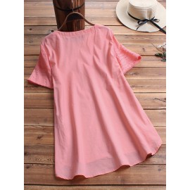 Women Pure Color HighLow Hem Button Down Blouse