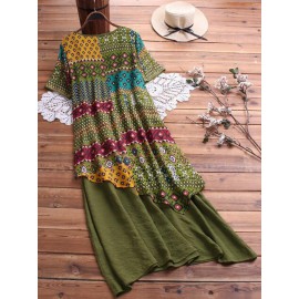 Women Vintage Print Two Pieces Short Sleeve Dress