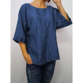 Women Solid Color 3/4 Sleeve Crew Neck Blouse