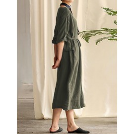 Women Cotton 3/4 Sleeve O Neck Casual Loose Side Pockets Long Maxi Dress