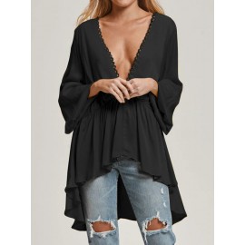 Women Long Sleeve V Neck Loose Casual Blouse Flared Tops