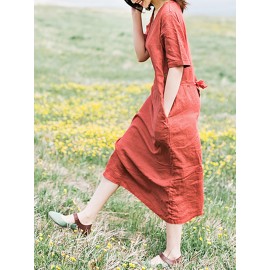 Women Casual Cotton Loose Bandage Midi Dress