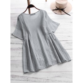 Women Cotton Plaid Crew Neck Short Sleeve Blouse